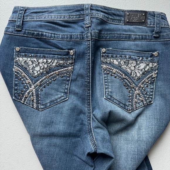 Earl Jean Jeans Womens 4 Blue Mid Rise Straight Leg Lace Rhinestone Studded - Picture 9 of 9